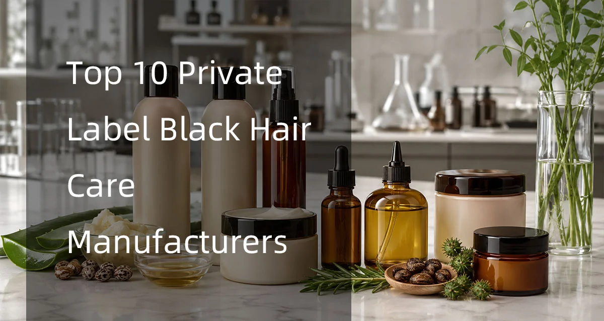 A collection of cosmetic bottles, jars, and natural ingredients displayed on a marble counter representing private label black hair care manufacturers.